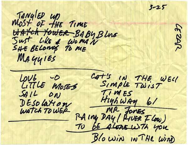 Bob Dylan "Never-Ending Tour" Handwritten Set List