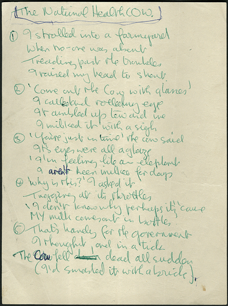 John Lennon Handwritten "The National Health Cow" Poem  Draft