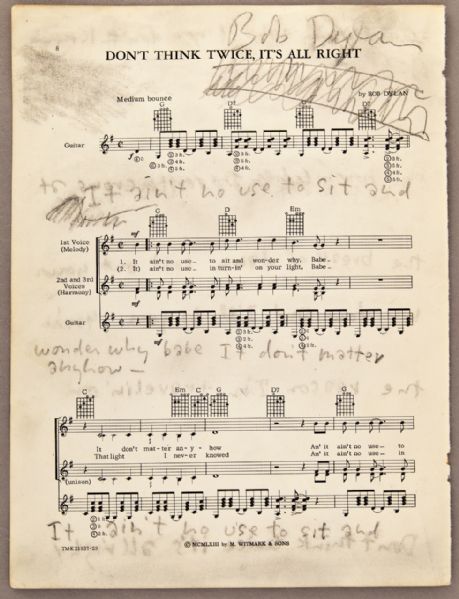 Bob Dylan Signed and Inscribed "Dont Think Twice" Sheet Music