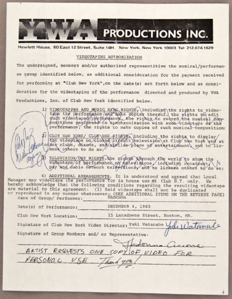 Madonna Signed and Notated 1983 Video Contract 