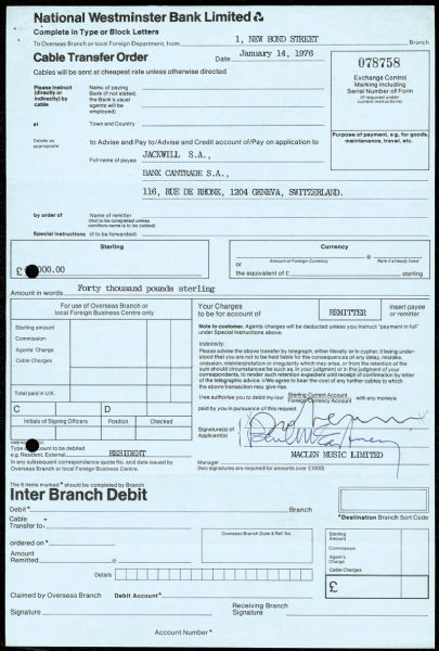 John Lennon & Paul McCartney Signed Maclen Music Limited Bank Transfer