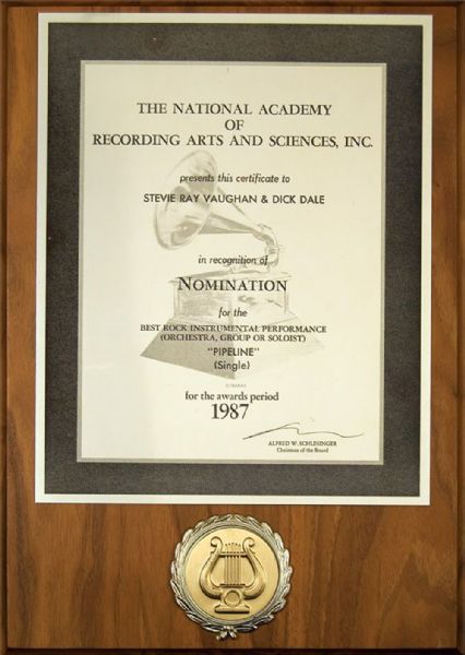 Stevie Ray Vaughan Grammy Nomination Plaque