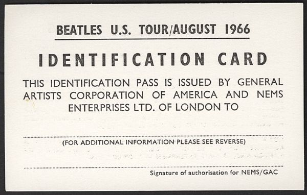Beatles August 1966 U.S. Tour ID 