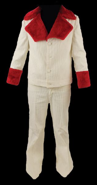 Elvis Presley Owned and Worn Custom Made White Corduroy Jacket With Red Faux Fur Collar and Matching Pants