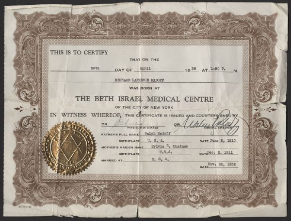 Bernie Madoff Birth Certificate With Newborn Footprints
