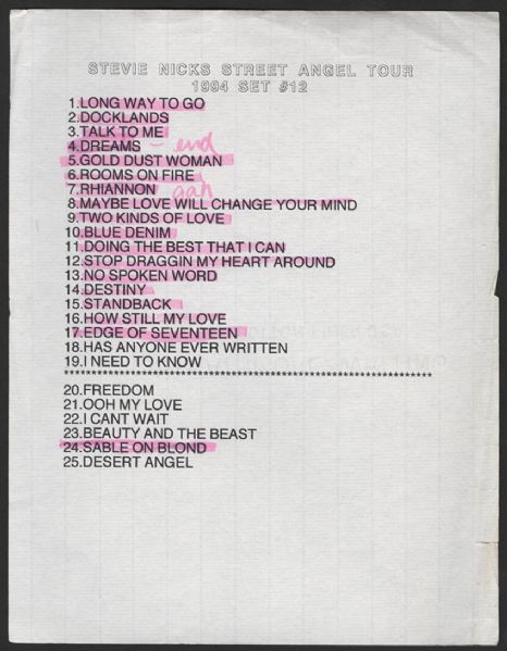 Stevie Nicks 1994 Street Angel Tour Used Set List