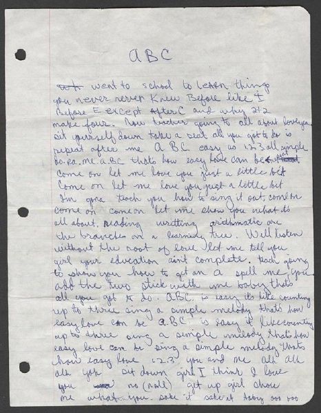 Tito Jackson Handwritten Jackson 5 “ABC” Working Lyrics