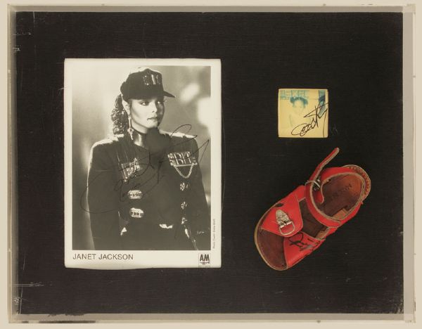 Janet Jackson Signed and Worn Baby Shoe and Baby Photo Display      