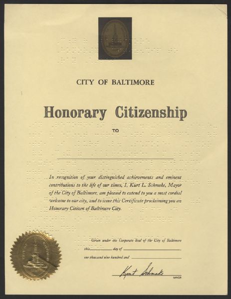 Ray Charles Honorary Braille Citizenship Certificate