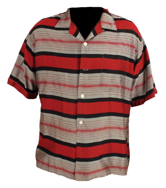 Elvis Presley 1950s Owned and Worn Custom Made Short-Sleeved Red Striped Shirt