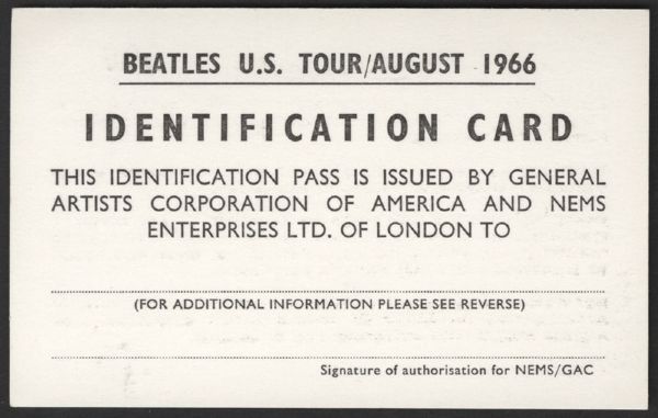 Beatles US Tour/August 1966 ID Card