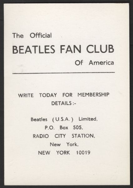 Beatles Fan Club of America Membership Postcard