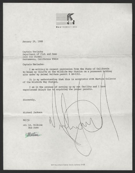 Michael Jackson Signed Letter Regarding His Pet Giraffe