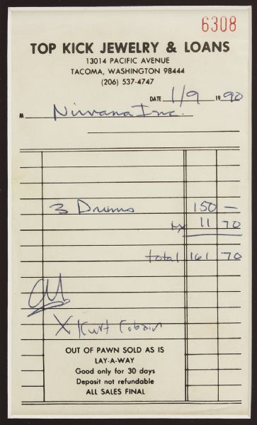 Kurt Cobain Signed Original Pawn Shop Receipt