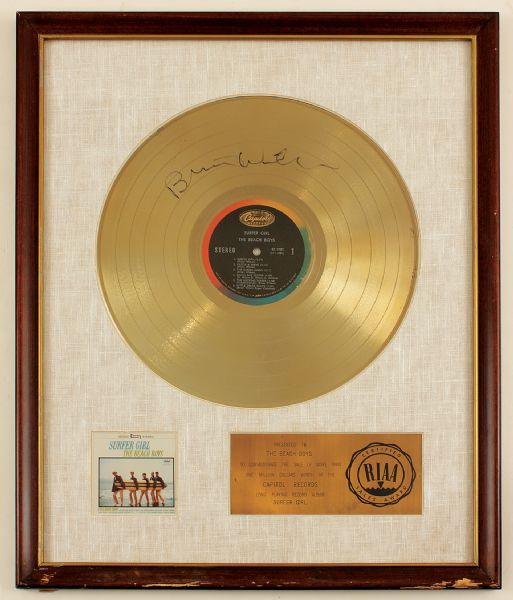 Brian Wilson Signed Beach Boys "Surfer Girl" Original RIAA White Matte Gold Album Award