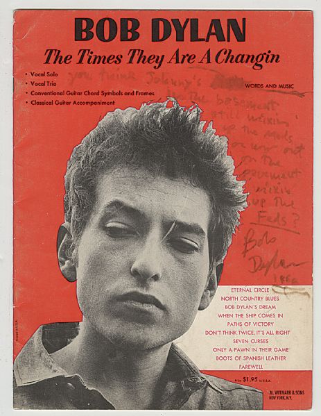 Bob Dylan “Subterranean Blues” Lyrics Inscribed and Signed “The Times They Are A Changin” Songbook