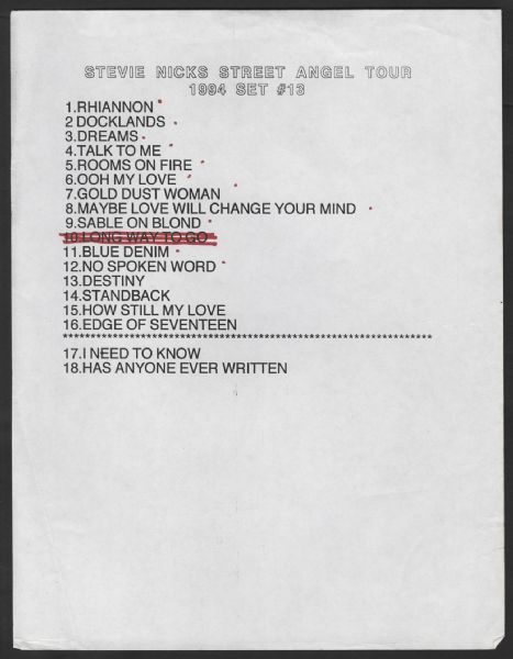 Stevie Nicks Original 1994 Street Angel Tour Annotated Concert Set List