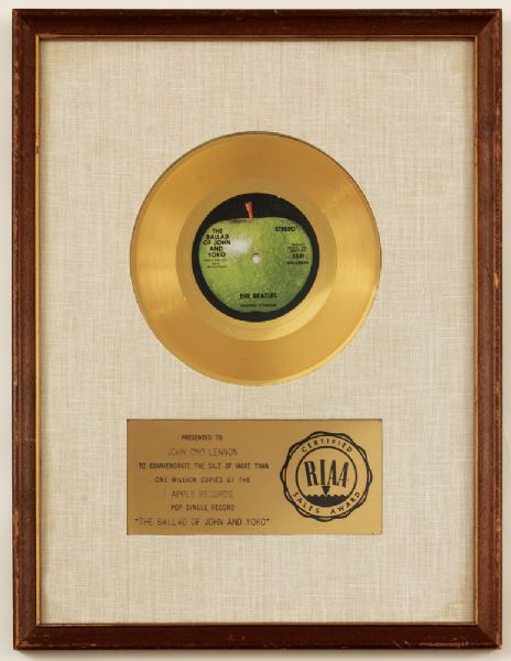 Beatles "The Ballad of John and Yoko" Original RIAA White Matte Gold Single Record Award Presented to John Ono Lennon