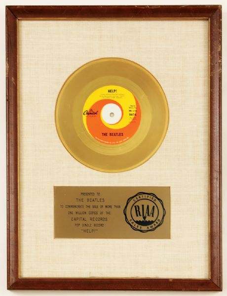 Beatles "HELP!" Original RIAA White Matte Gold Single Record Award Presented to The Beatles