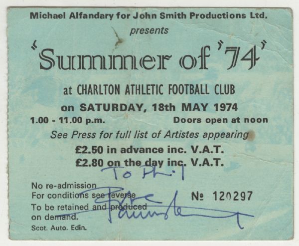The Who Pete Townhsend Signed and Inscribed  Summer of 74 Concert Ticket