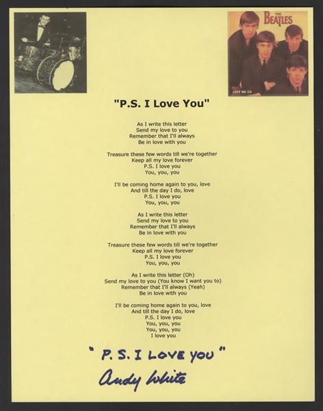 Beatles Andy White Signed "P.S. I Love You" Printed Lyrics