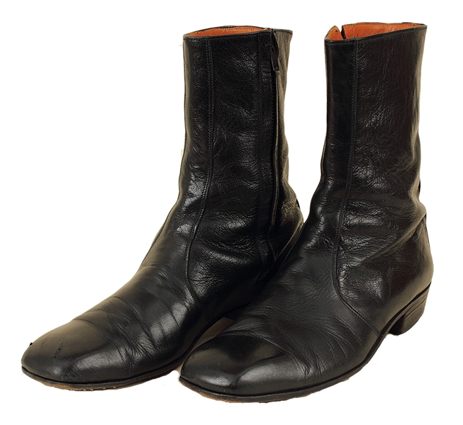 Elvis Presley Owned, Film and Personally Worn, Signed and Inscribed Black Leather Verde Boots Gifted To Gary Pepper