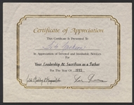 Jocola Certificate of Appreciation Presented to Tito Jackson and Signed by Joe Jackson