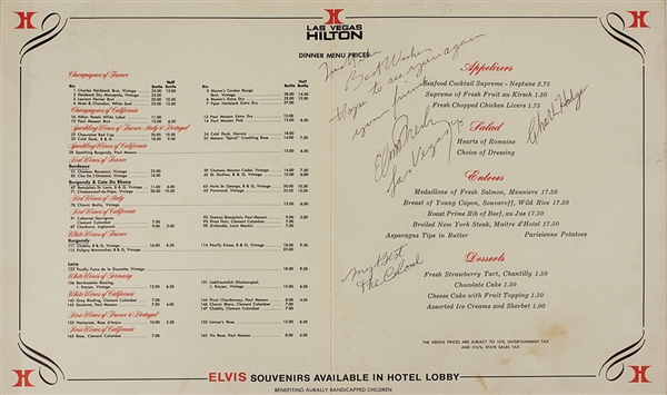 Elvis Presley Signed & Inscribed Las Vegas Hilton Hotel Menu