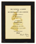 The Beatles "I Want to Hold Your Hand" Grammy Nomination Plaque