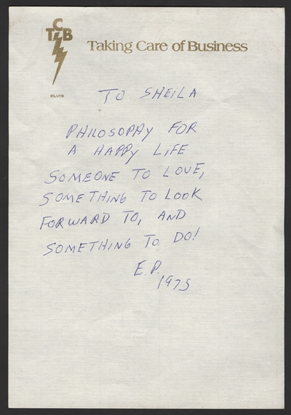 Elvis Presley Handwritten & Initialed "Philosophy for a Happy Life" Note to His Girlfriend Sheila Ryan On His TCB Letterhead