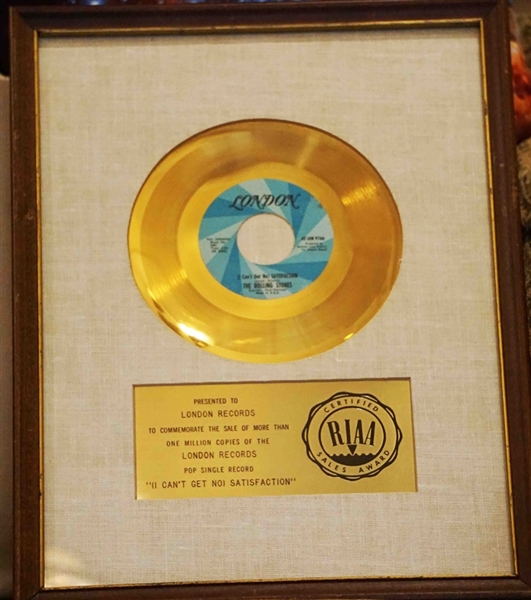 The Rolling Stones "I Cant Get No Satisfaction" Original RIAA White Matte Gold Single Record Award