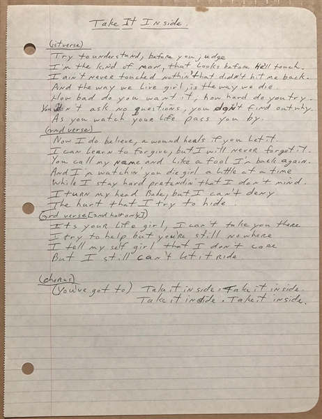 Southside Johnny Original "Take It Inside" Handwritten  Lyrics from Southside Johnny and the Asbury Jukes First Album