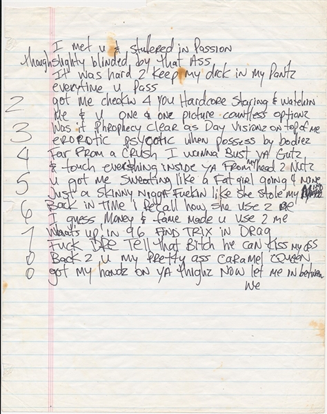 Tupac Shakur Handwritten "Fuck Friendz" Lyrics