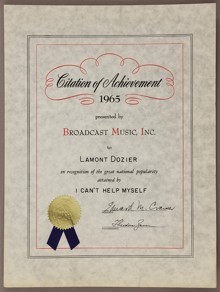 "I Cant Help Myself" Original 1965 BMI Citation of Achievement Presented to Lamont Dozier