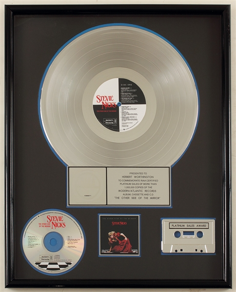 Stevie Nicks "The Other Side of The Mirror" Original Platinum Album, Cassette and C.D. Award Presented to Herbert Worthington