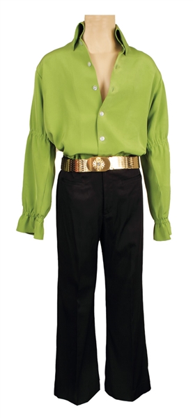 Elvis Presley Owned & Worn IC Costume Company Green Bell-Sleeved Shirt and Black Pants With Gold Belt