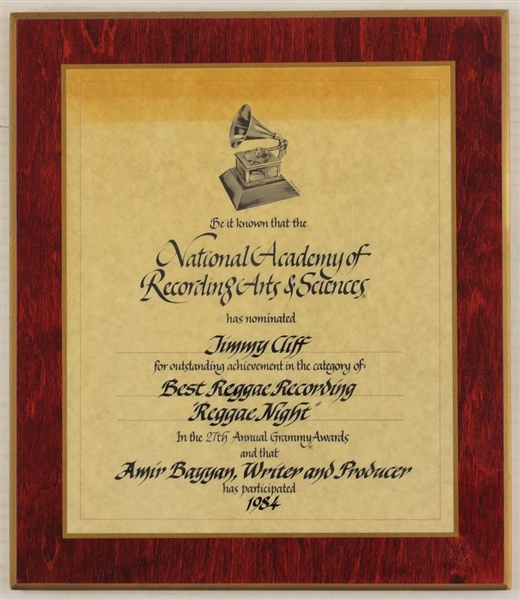 Jimmy Cliffs Original Grammy Nomination Plaque for "Reggae Night" 