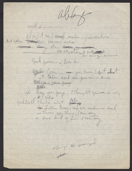 Alice Cooper Handwritten & Signed "Give the Kid a Break" Working Lyrics
