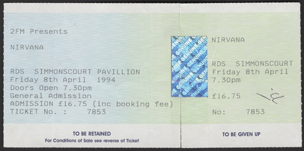 Nirvana Original Unused April 8, 1994 Concert Ticket