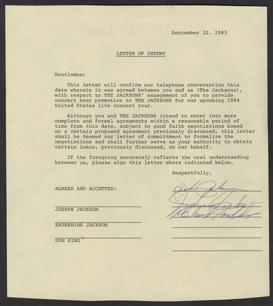 Tito, Jermaine and Katherine Jackson Signed Jacksons 1984 Victory Concert Tour Letter of Intent