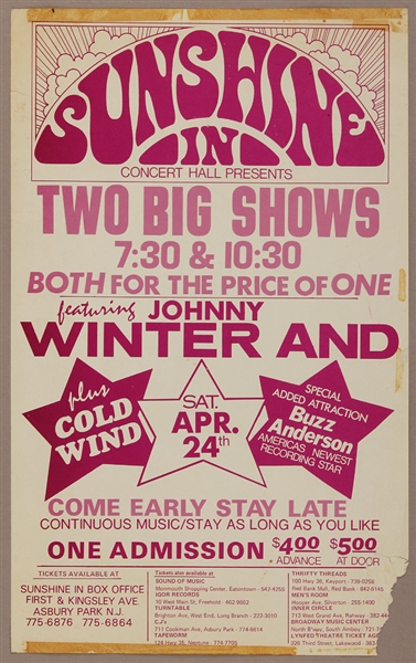 Johnny Winter Original Sunshine In  Asbury Park Concert Poster
