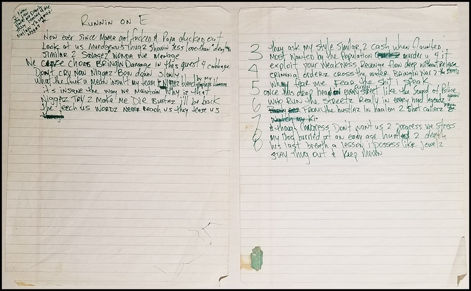 Tupac Shakur Handwritten "Runnin on E" Lyrics