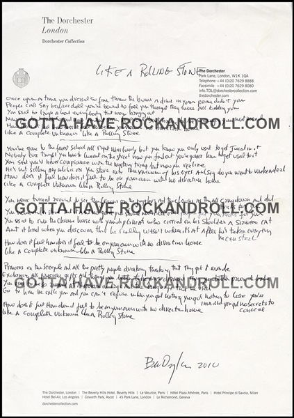 Bob Dylan Handwritten & Signed Like A Rolling Stone Lyrics from the Collection of Bob Dylan