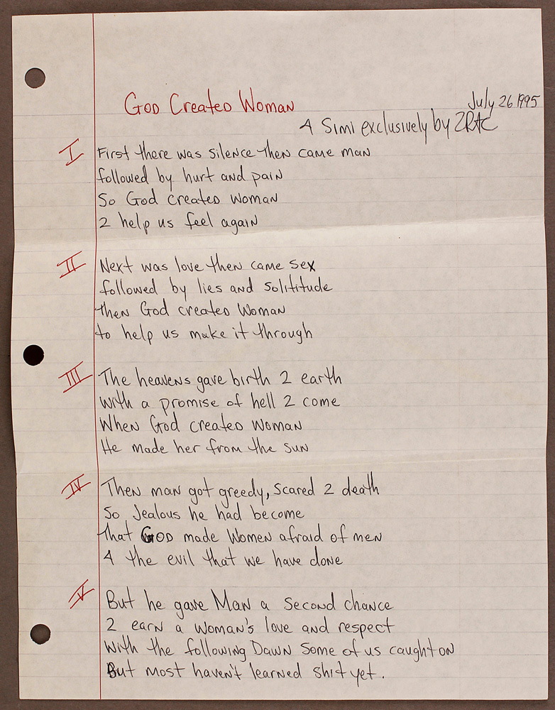 Lot Detail - Tupac Shakur Handwritten Love Letter and Poem/Song Lyrics