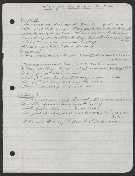 Southside Johnny Handwritten Original Lyrics "The Light Dont Shine No More" Original Lyrics From The Album Hearts Of Stone"
