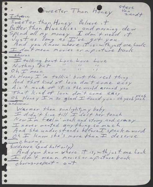 Southside Johnny Handwritten "Sweeter Than Honey" Original Lyrics Original Lyrics From The Album I Dont Wanna Go Home"