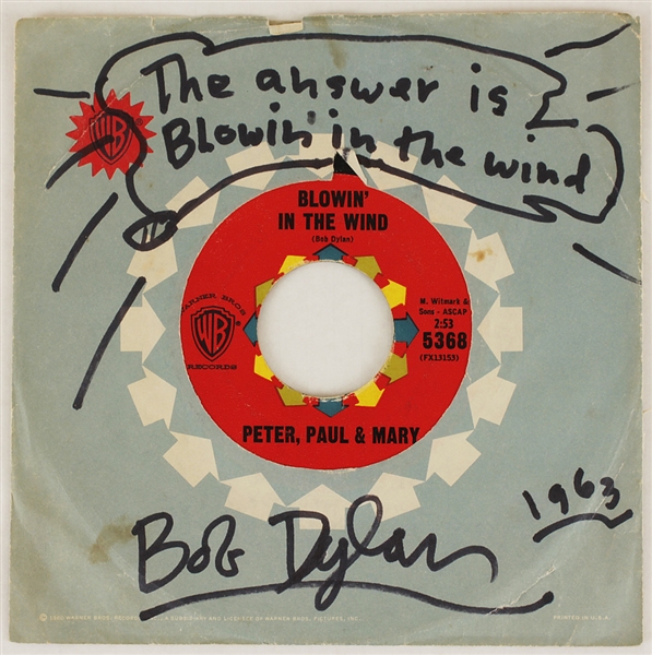 Bob Dylan Signed, Lyric Inscribed and Dated "Blowin In The Wind" 45 Record Sleeve