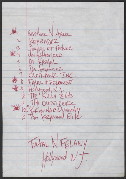 Tupac Shakur Handwritten Set List