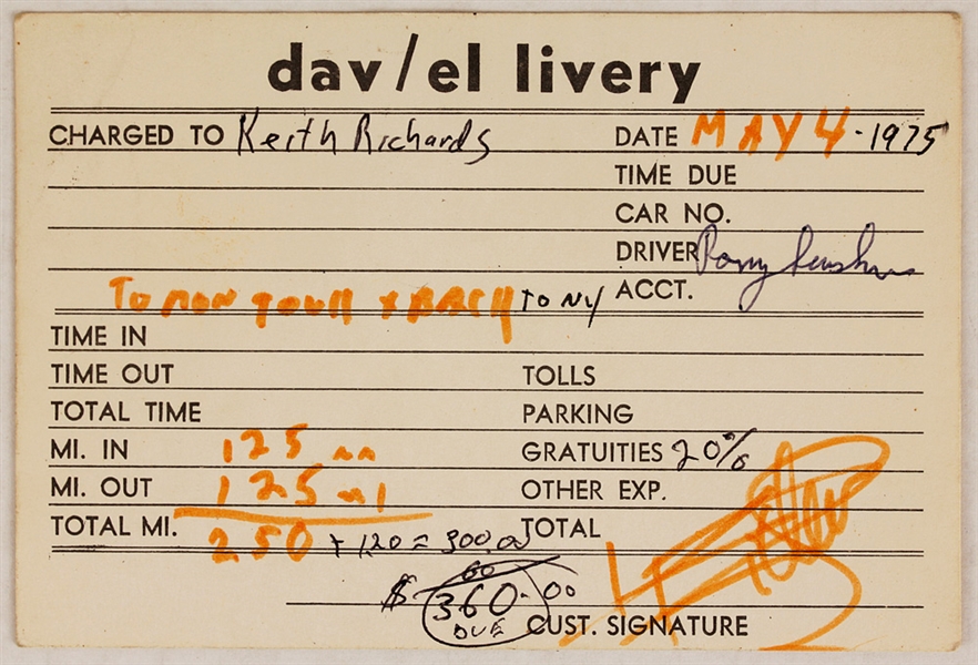 Keith Richards 1975 Signed Limousine Ride Receipt