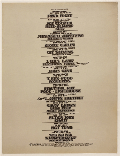 Pink Floyd, Joe Cocker, Cat Stevens Original 1972 Concert Poster